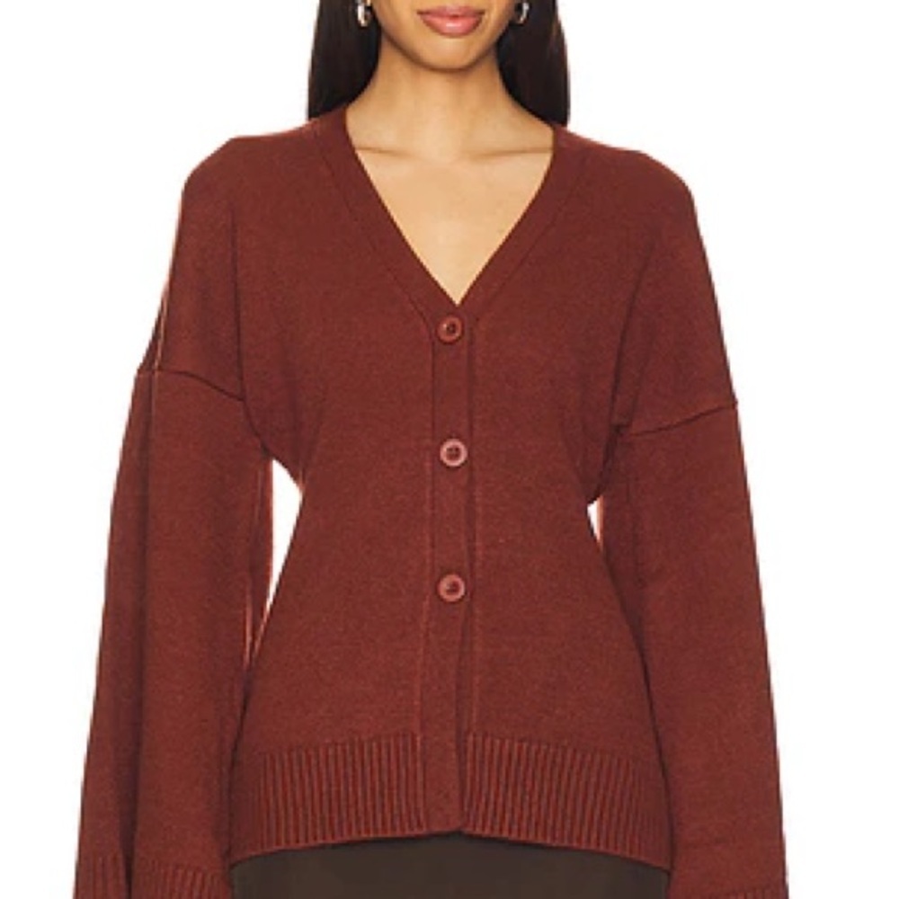 WEWOREWHAT cinched waist cardigan in chestnut Elegant Maroon Button-Up Cardigan - Picture 2 of 9